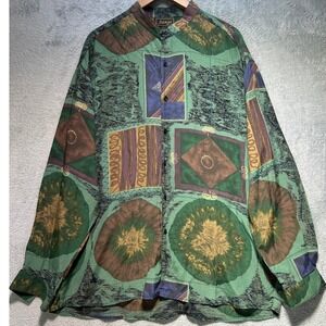 90s Sangi Abstract Geometric Mandarin Collar Large Old Money Button Down Shirt